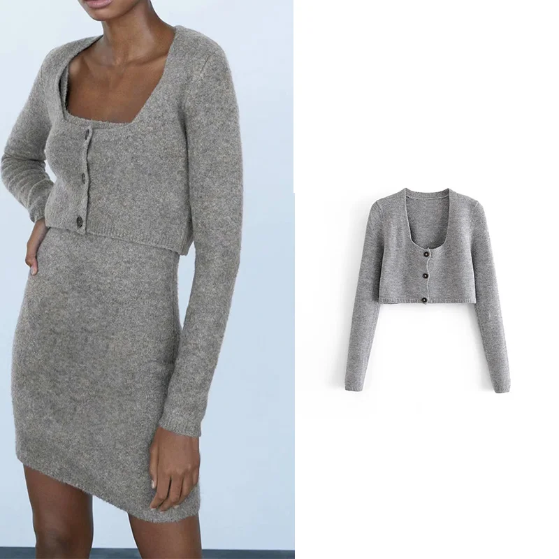 

Осенний короткий вязаный женский свитер с длинным рукавом и круглым вырезом, пальто, однобортное Женское пальто