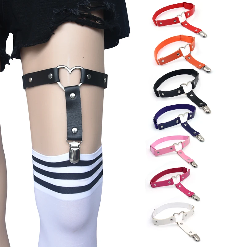 

Women Sexy Leg Ring Garter Belt Tight Suspenders Lingeriees Elasticity Heart Leather Harness Punk Garters With Lace Socks