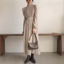 HziriP Palace Style Retro Chic 2021 Office Lady Elegant Print A-Line Floral Gentle Full-Sleeved Waist-Controlled Long Dresses