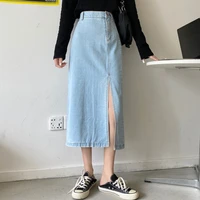 women autumn vintage split sexy high waist long denim skirts 2021 chic harajuku side zipper solid jean skirt female streetwear