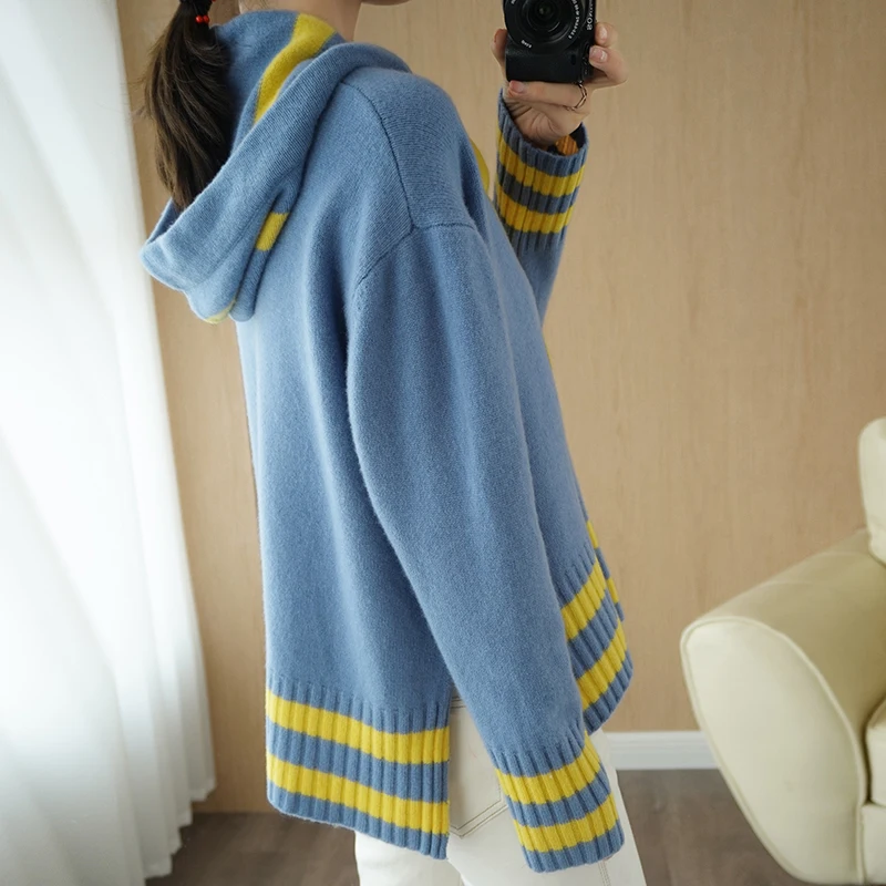 adishree 2020 woman winter 100% Cashmere sweaters autumn knitted Pullovers High Quality Warm Female thickening Hooded Patchwork