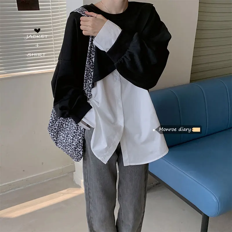 

Women's Hoodies Pullover O Neck Solid Color Long Sleeves Creative Shirt 2pcs Design Short Tops Wholesale Fashion Lady Clothes