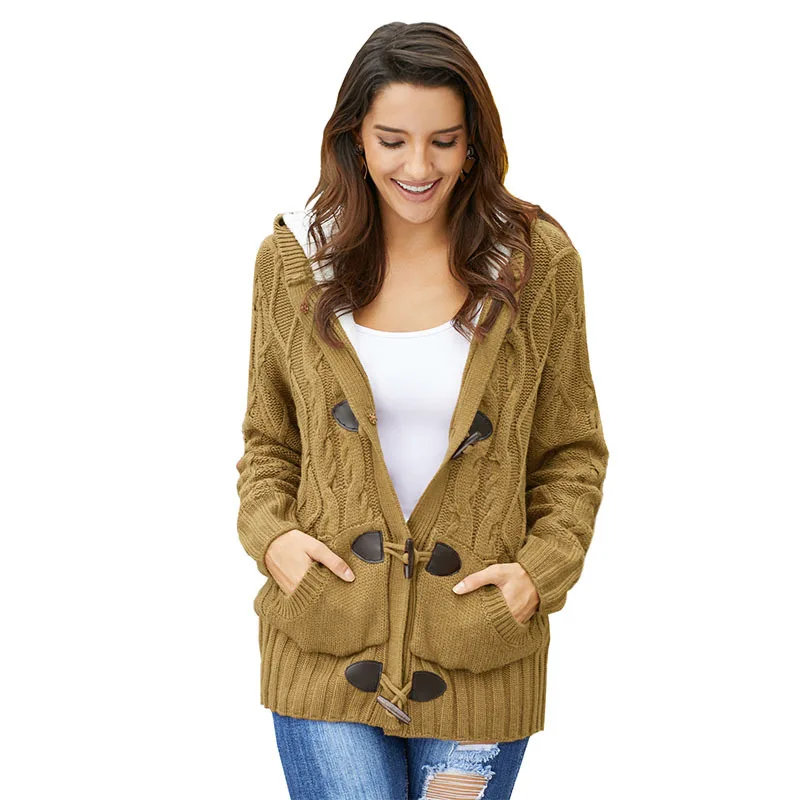 

ALSYIQI Women Hooded Knit Cardigans Button Cable Sweater Coat