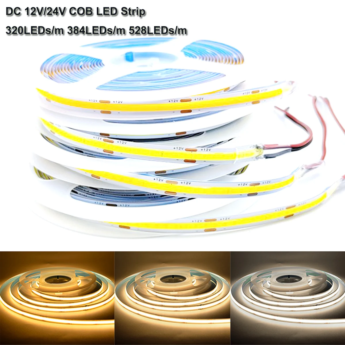 

DC12V 24V COB LED Light Strip Tape 320 384 528 LEDs/m High Density Flexible FOB Warm Nature Cool White RA90 3000K 4000K 6000K