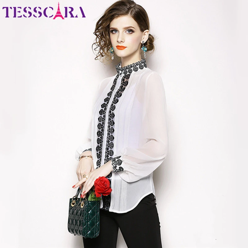 TESSCARA, женская элегантная блузка с вышивкой, рубашка, женская мода, топ, дизайнерская, вечерние, шифоновая сорочка, для офиса, Женские топы и блузки