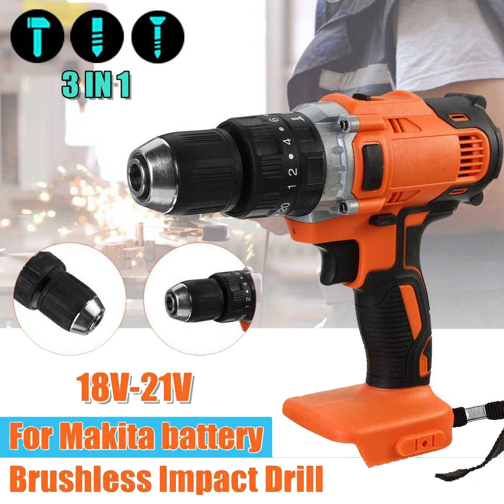 

3 in 1 Brushless Electric Hammer Drill Screwdriver DIY Tool 13mm 20+3 Torque Cordless Impact Drill For Makita Battery 18/21V