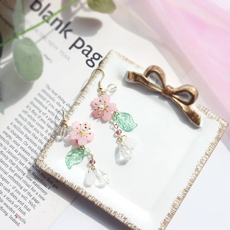 2019 модные розовые вишневые серьги подвески с зелеными листьями для женщин