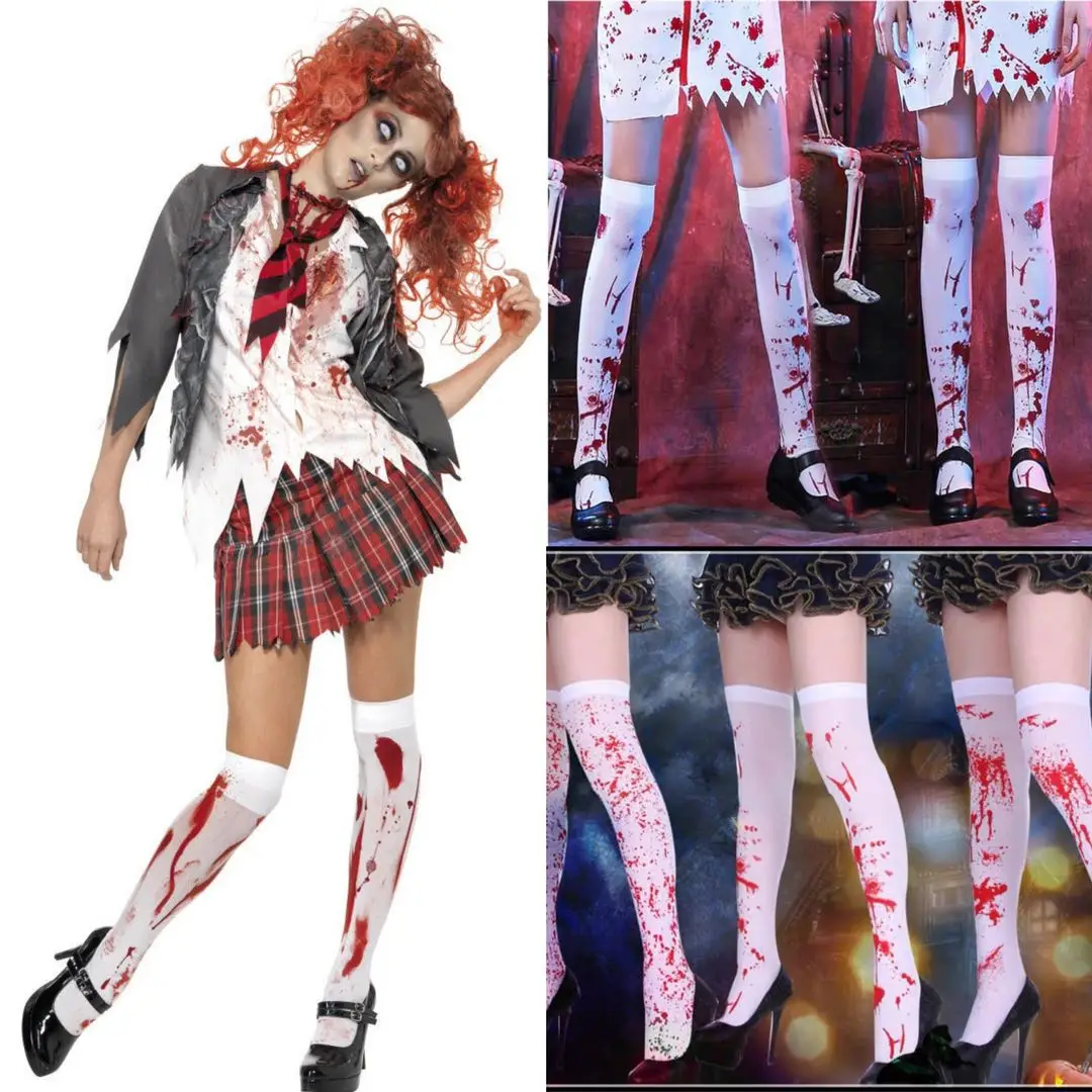 

Bleed Stockings Masquerade Over The Knee Socks Blood Stained Bloody Socks Halloween Party Cosplay Costume Horror White Socks