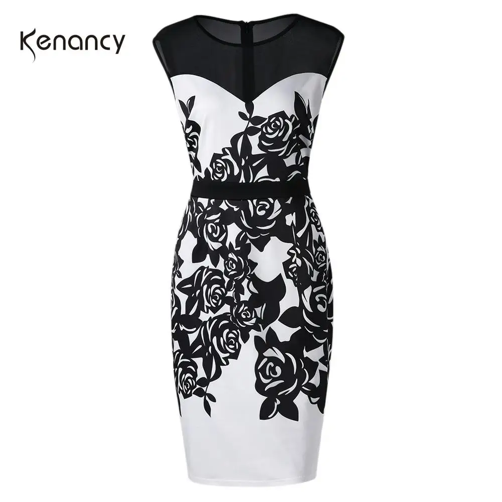 Женское летнее облегающее платье Kenancy черное белое Сетчатое футляр с цветочным