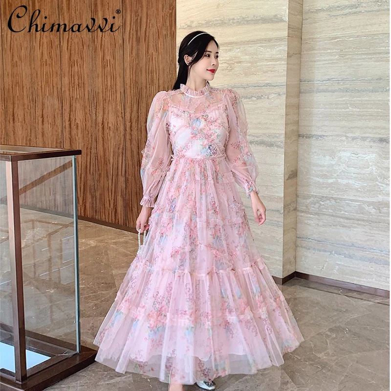 

2021 Women's Clothing Fashion Stringy Selvedge Mesh Floral Print Cake Dress High-End Sweet Big Swing Fairy Pink Holiday Dress