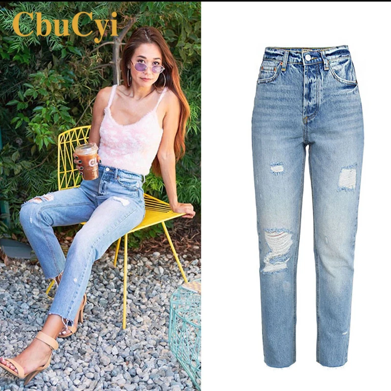 Женские джинсовые брюки с высокой талией синие мягкие хлопковые женские рваные