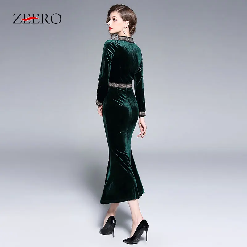 Женское бархатное платье Русалка ZEERO зимнее средней длины с длинным рукавом и