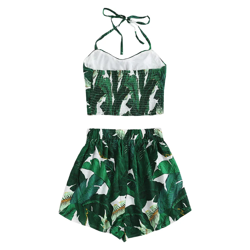 ZAFUL Женский комплект с тропическим принтом в виде листьев гофрированный Топ на