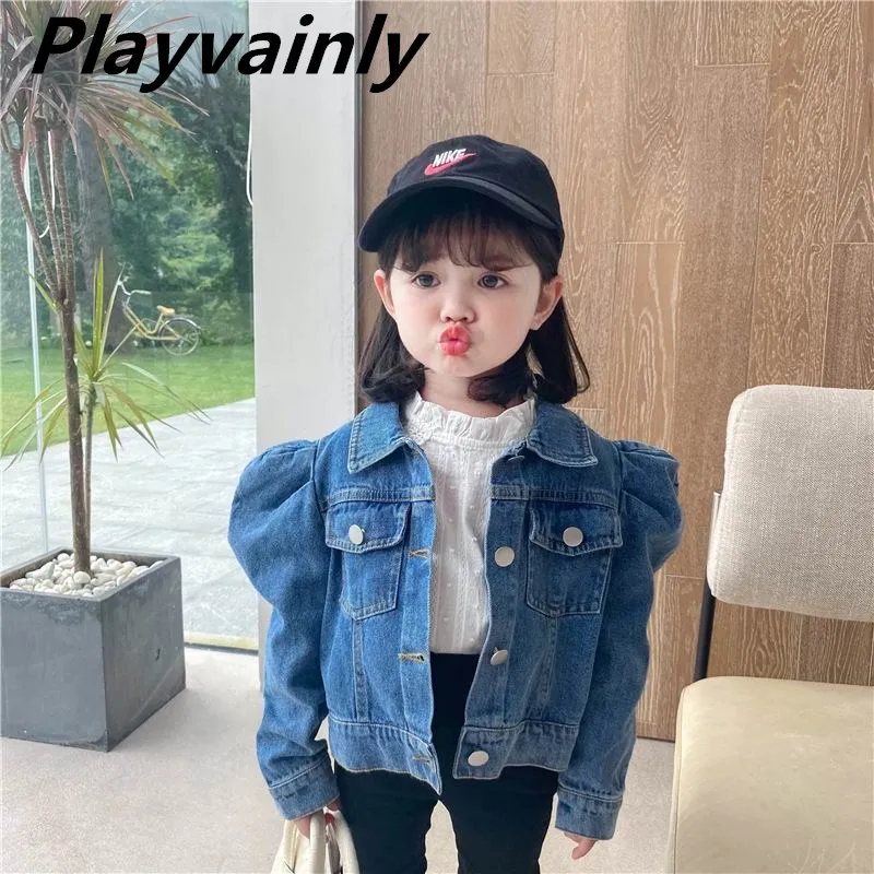 

2020 Autumn Girls Jackets Baby Girl Coats Blue Denim Puff Sleeve Casual Kids Jackets for Girls Kids Clothes E17034