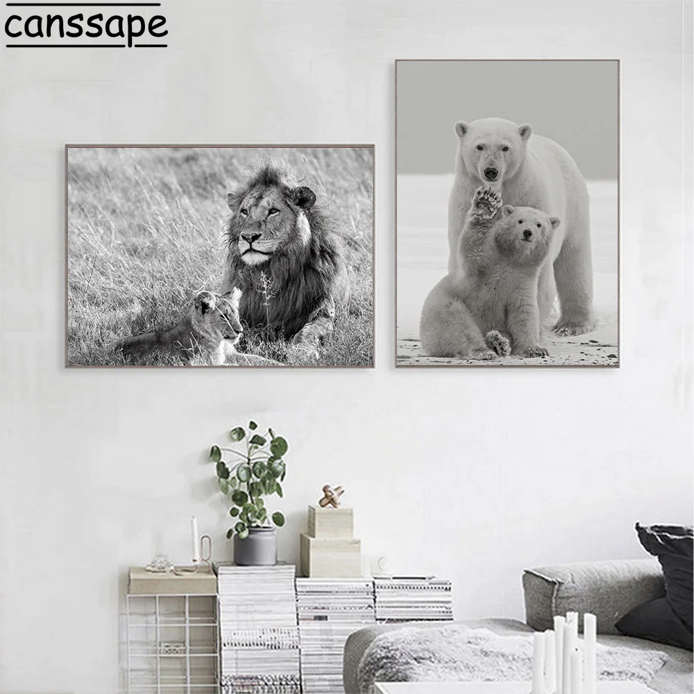 

Настенный плакат с животными, полярный медведь, Лев, родитель-ребенок, живопись на холсте, черно-белые скандинавские настенные картины, укра...