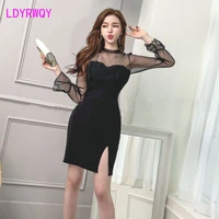 ldyrwqy 2021 summer new korean version of sexy temperament round neck see through lace flared sleeve bottoming dress