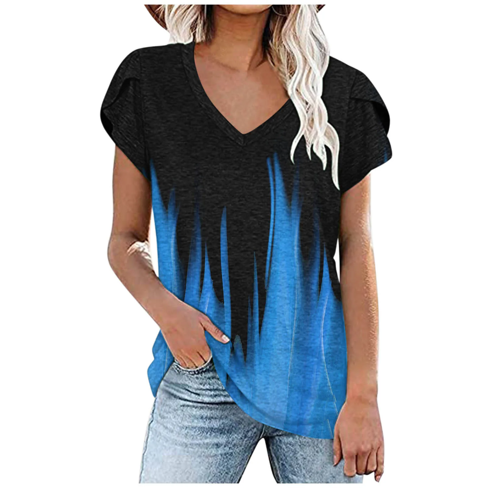 

2021 Ladies Summer New Top Luminous Digital Printing Positioning Flower V-Neck Petal Sleeve Women's T-Shirt Loose Casual