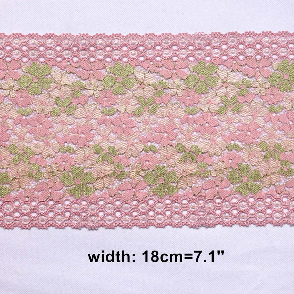Эластичная кружевная отделка с розово-зеленой цветочной вышивкой 18 см в ширину