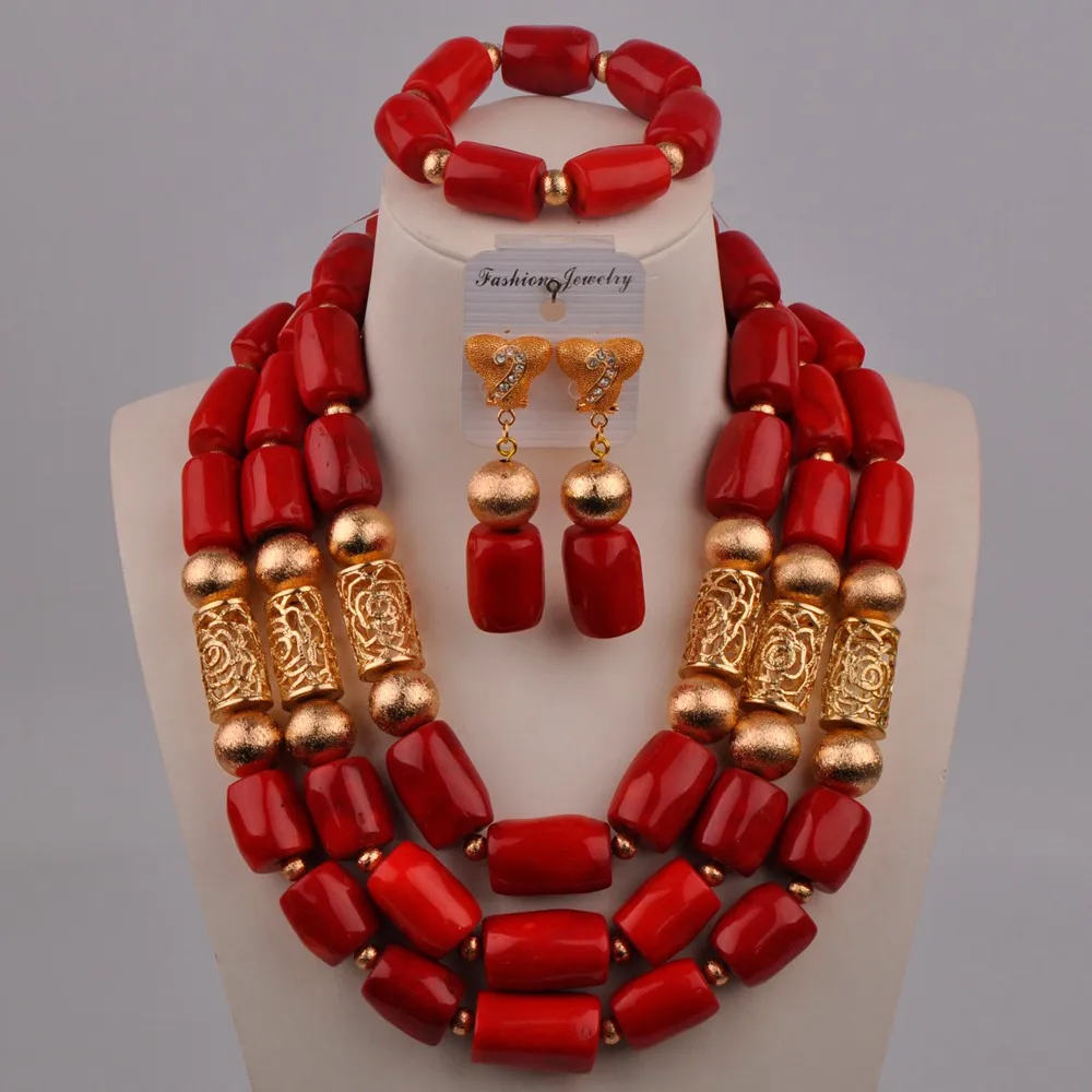 Африканский ювелирный набор новый дизайн 3 слоя красные коралловые бусины с