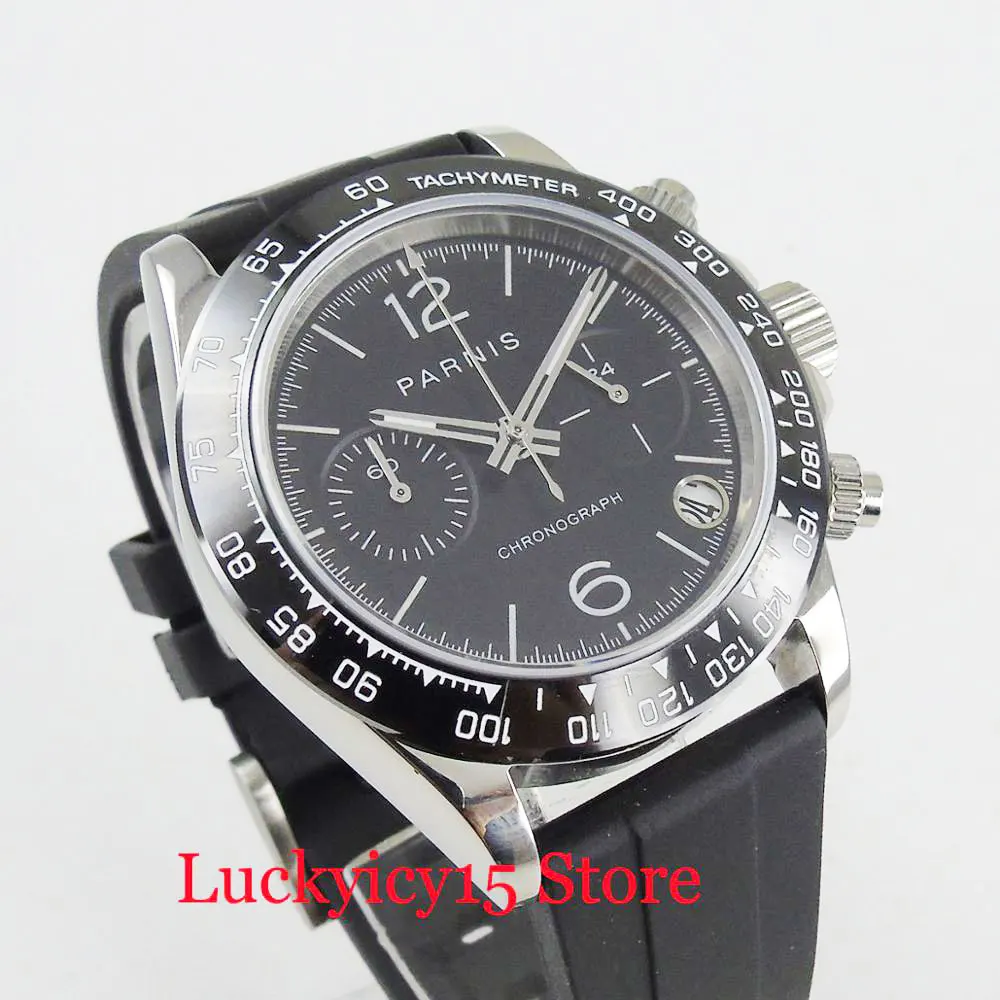 PARNIS Хронограф Функция 39 мм кварцевые мужские часы полированные корпус резиновый