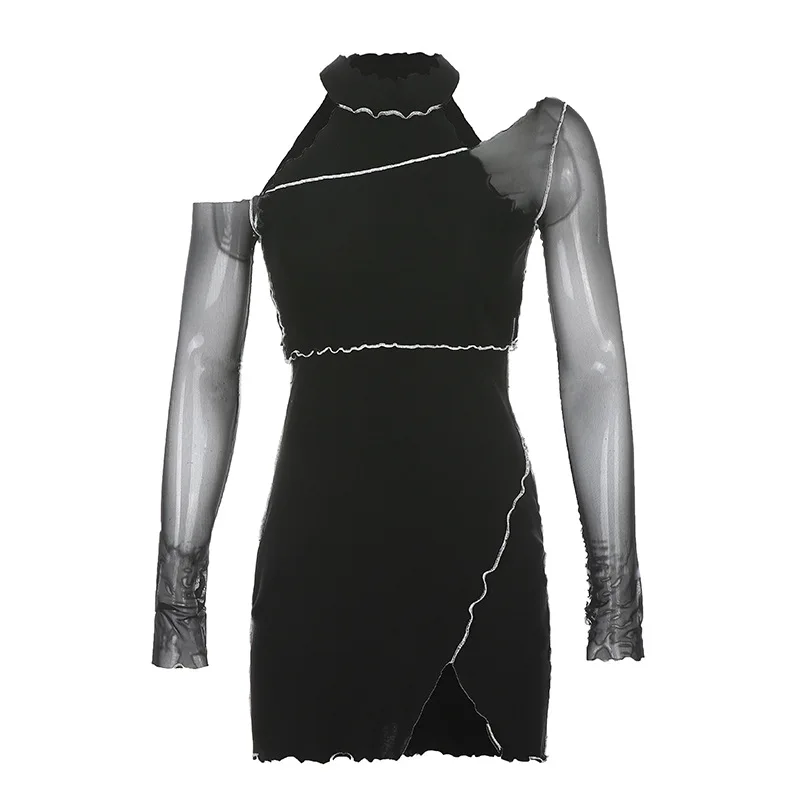 

Autumn new style European and American women's high-neck slim-fit split asymmetrical two-piece hip dress