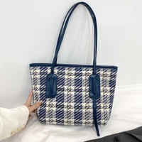 retro plaid women canvas shoulder bags large capacity ladies reusable grocery shopping bag cloth handbags tote for female girls