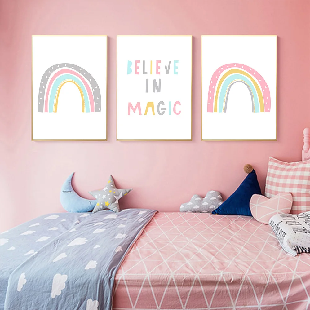 Colorful Rainbow Nursery Canvas Painting Print Believe In Magic Quotes Posters Pink Wall Art Decor Picture Kids Room | Дом и сад