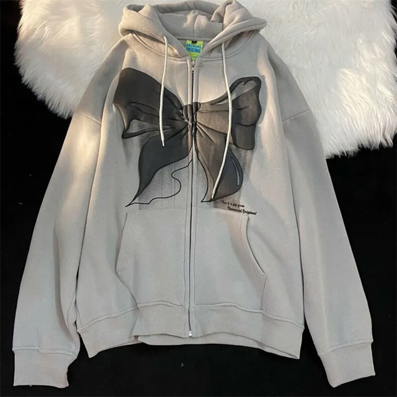 Harajuku Butterfly Graphic Zip Up Hoodies Women Casual E-girl 90s Streetwear Grey Long Jacket Female Coat