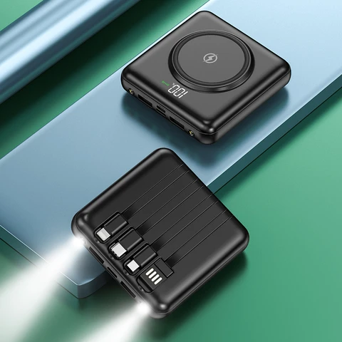 Портативный Qi Беспроводное зарядное устройство Power Bank 10000 мАч 20000 мАч Встроенный кабель Mini Powerbank для iPhone 12 Samsung Xiaomi Powerbank