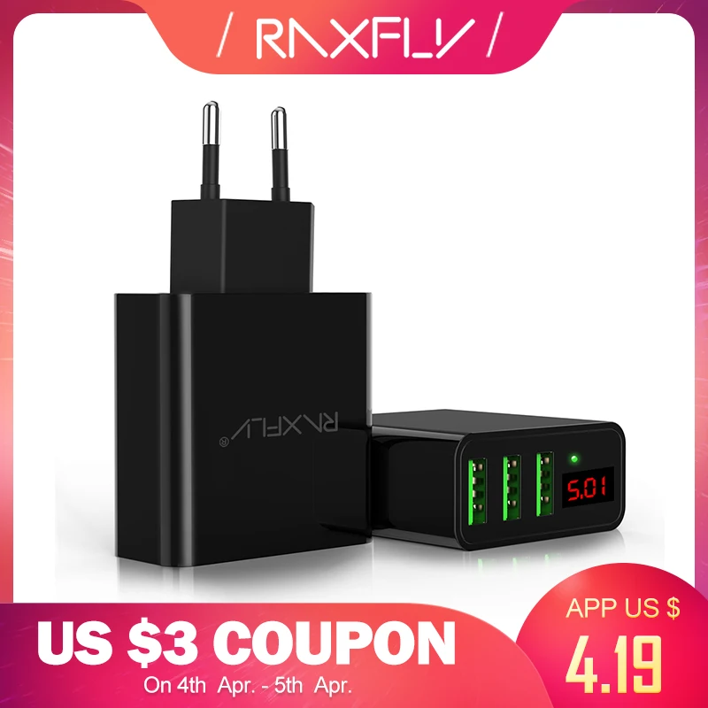Raxfly 3 Порты USB телефон Зарядное устройство для iPhone Samsung iPad LED Дисплей [EU/US 5 В/2.4A]