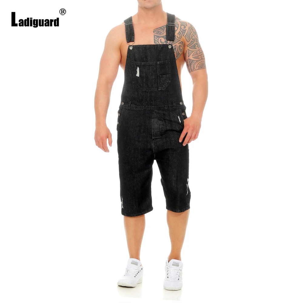 

Plus Size 3xl Men's Fashion Jeans Calf-Length Denim Pants Men Suspender Rompers Jean 2021 Summer Frayed Jeans Sexy Men Clothing