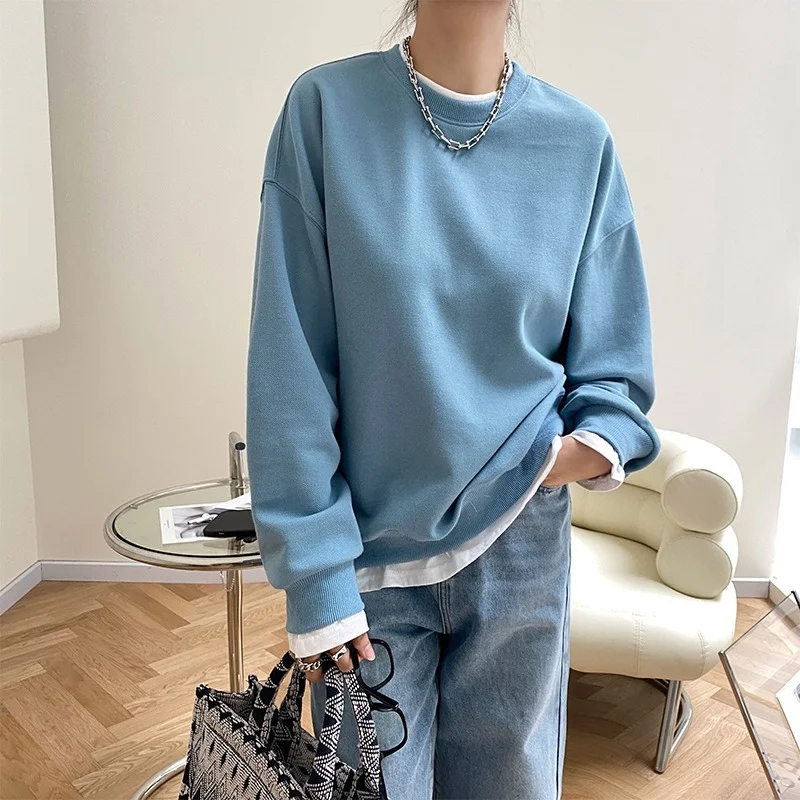 

Spring O-neck Solid Casual Loose Pullovers 2021 New Korean Fake Two Piece Women Sweatshirt Patchwork Simple Chic Hoodies 13A261