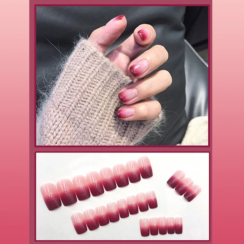 

24Pcs/Set Pink Fake Art Press on Nails Fashionable Simple Design Glitter Fake Nails with Glue Full Cover Press on Nails