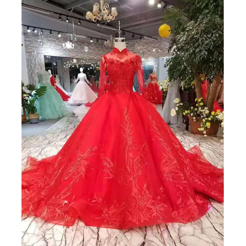 BGW 22920ht бальное платье красное свадебное для невесты с длинными рукавами