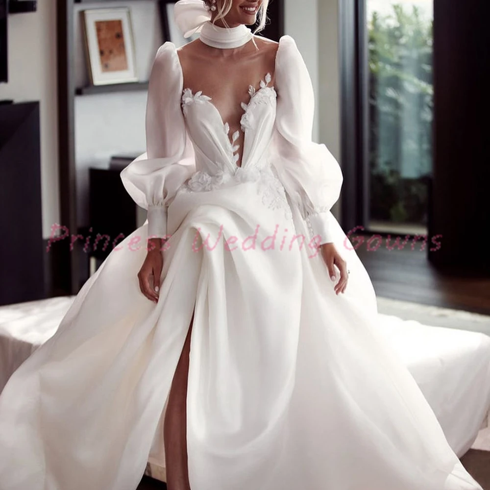 

Princess V-Neck Wedding Dresses 2021 Long Puff Sleeve With Appliques Bow Satin Open Side Backless Bridal Gowns Vetidos De Novia