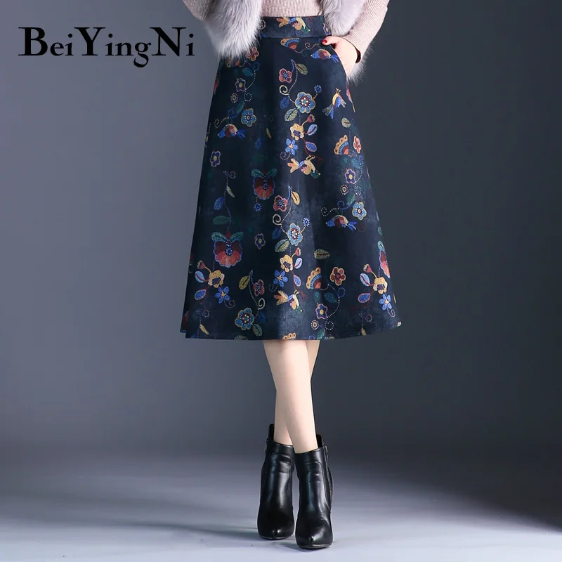 Beiyingni High Waist Skirt Women Plus Size Retro Korean Floral Print Midi Skirts New Arrival S-3XL Elegant Saias Autumn Winter - Цвет: Синий