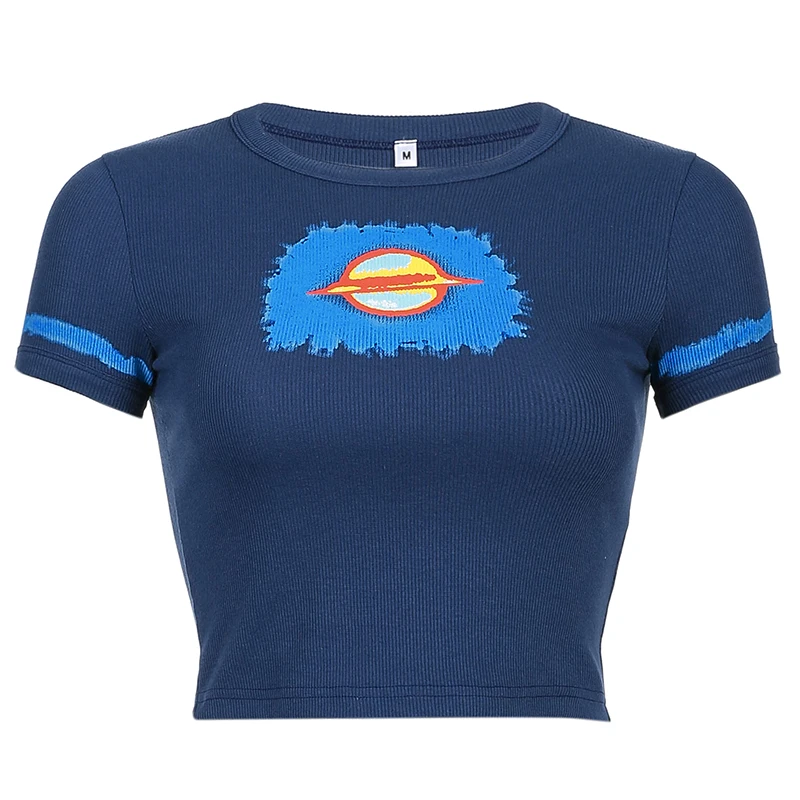 

Summer Printed Knitted women Crop Top Harajuku Short Sleeve blue T-shirt Top Streetwear O-neck Casual Cute Pullover Women's Tops