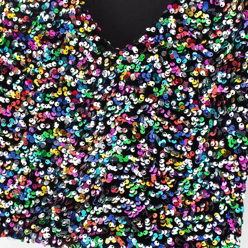 

2021 Spring Summer Women V-Neck T Shirt Sequin Fashion Short Sleeve Crop Top Clothing Colorful Harajuku Vetement Femme