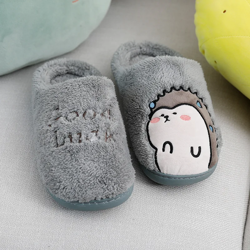 Women Home Cotton Slippers Winter Cozy Warm Indoor Soft Bottom Floor Shoes Cute Cartoon Hedgehog Silent Fur Slippers Man Unisex