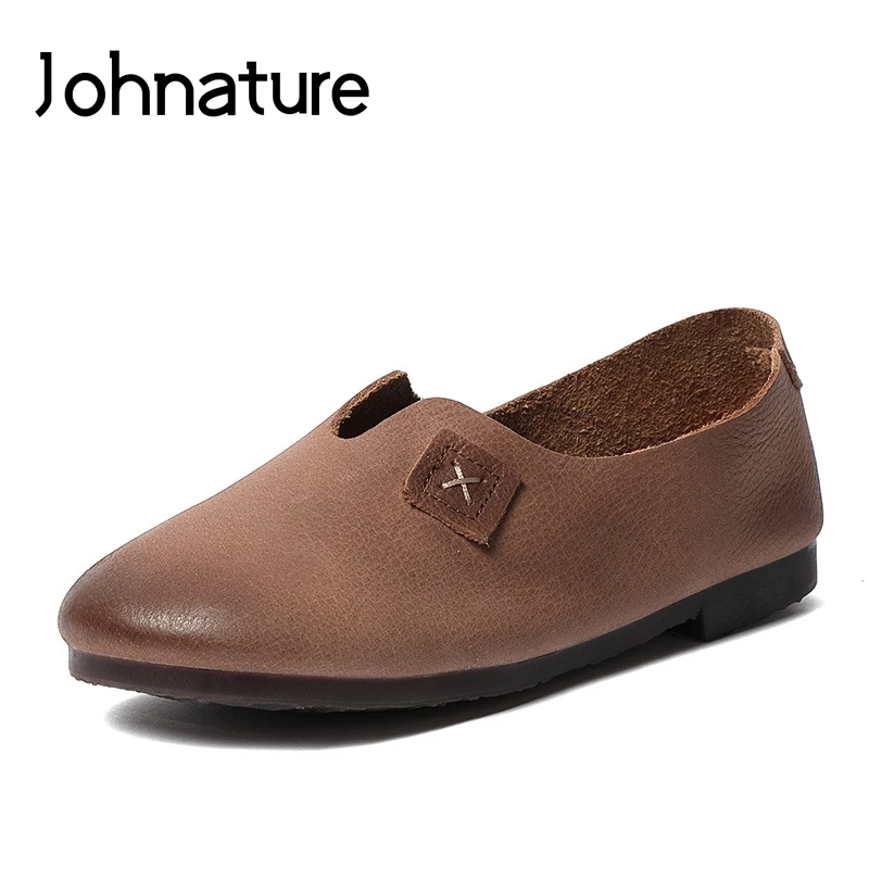 Johnature Women Shoes Genuine Leather Casual Flats Round Toe New Autumn Shallow Solid Color Handmade Womens Shoes