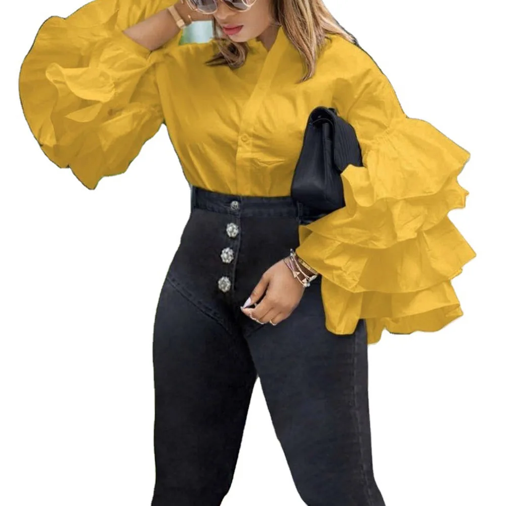

Spring New 2021 Solid Ruffle Sleeve Falbala Shirt Blouse Stand Collar Plus Size Fashion Party Tops 5 Colors Green Blousa African