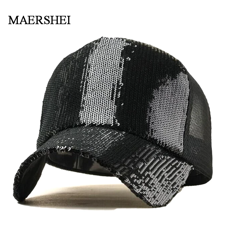 

MAERSHEI Glitter Ponytail Baseball Cap Messy Bun Dad Hats For Women Sequins Shine Summer Mesh Trucker Hat Snapback Hip Hop Caps