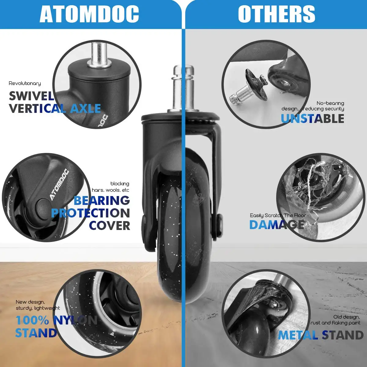 Универсальные беззвучные ролики для офисных стульев ATOMDOC 5 шт./компл. 3 дюйма 11 мм