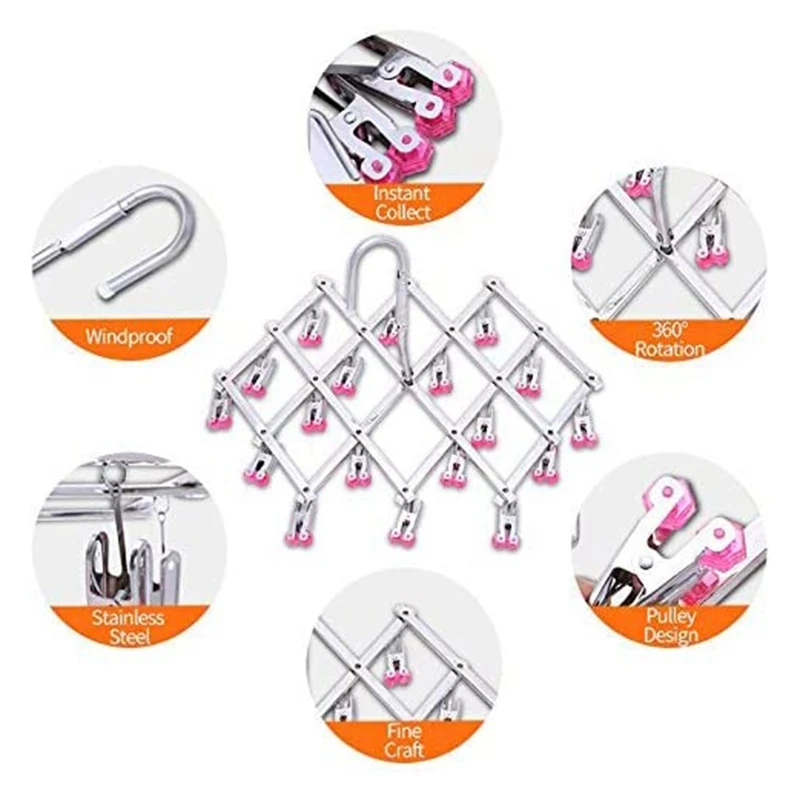 

Drip Drying Hanger, 18 Sock Clips, Portable Folding, Quickly Remove Clothes From Hanger