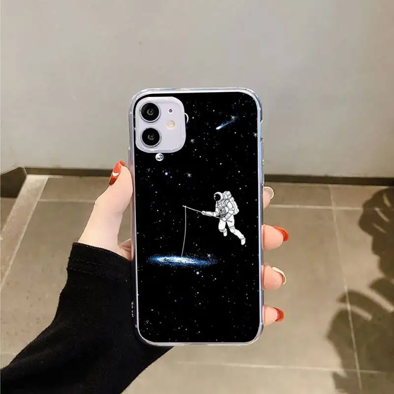 

Black With White Moon Stars Space Astronaut Phone Cases Transparent for iPhone 6 7 8 11 12 s mini pro X XS XR MAX Plus