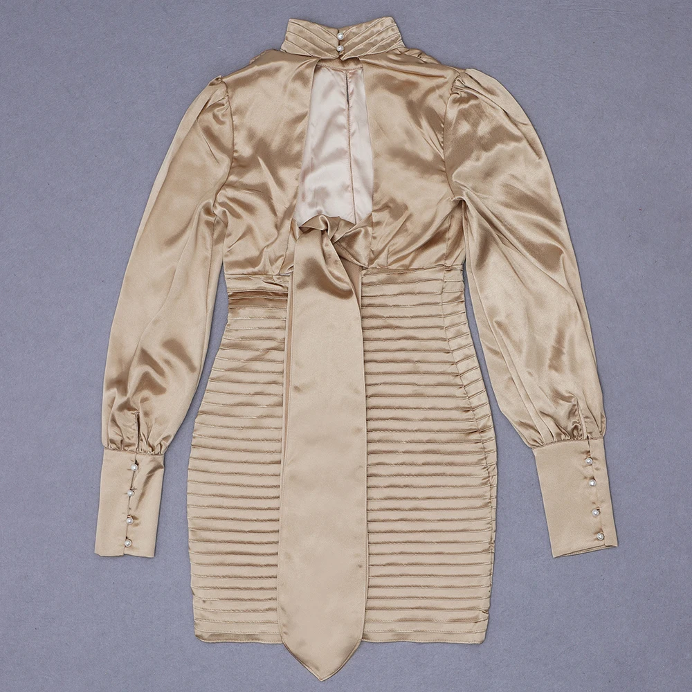 

2020 New Women sexy gold round neck long sleeve Vestidos Celebrity Evening Party Bandage Fashion Dress Wholesale