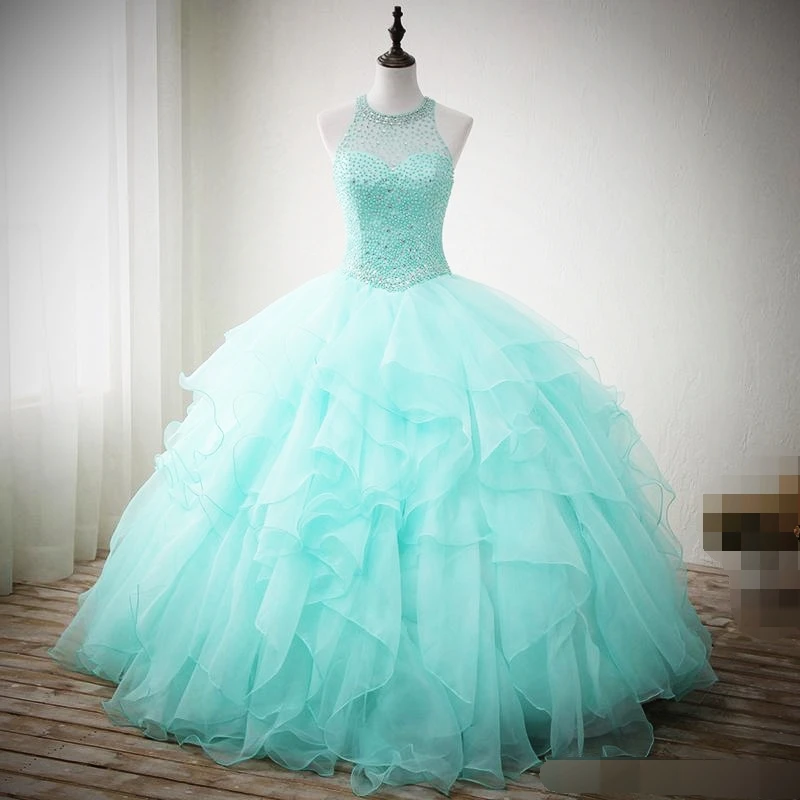 

Mint Green Beaded Quinceanera Dresses 2019 vestidos Real Images Crew Neck Ruffles Sweet 16 prom Dresses Princess robe de bal