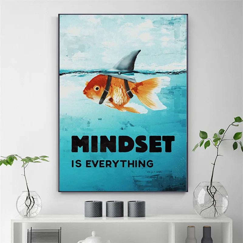 

Wall Art Poster Animal Picture Canvas Painting Mindset Is Everything Motivational Shark Fish for Home Decor Teenager Cuadros