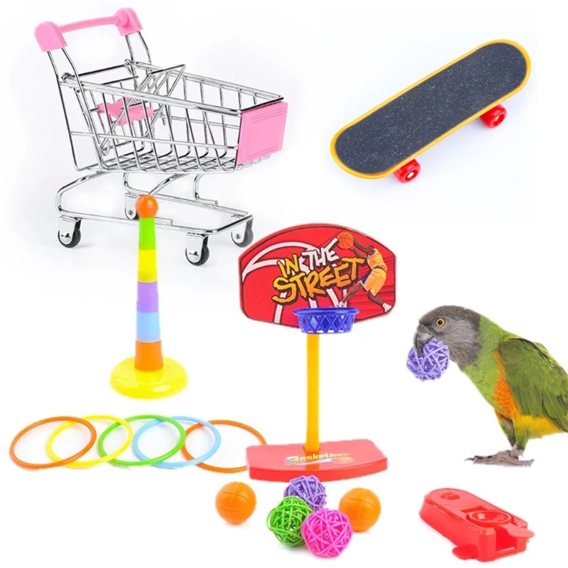 

Игрушки для птиц, 4 вида, набор игрушек для попугая, включает баскетбольную игрушку, скейтборд, Штабелируемая игрушка, металлическая тележка...