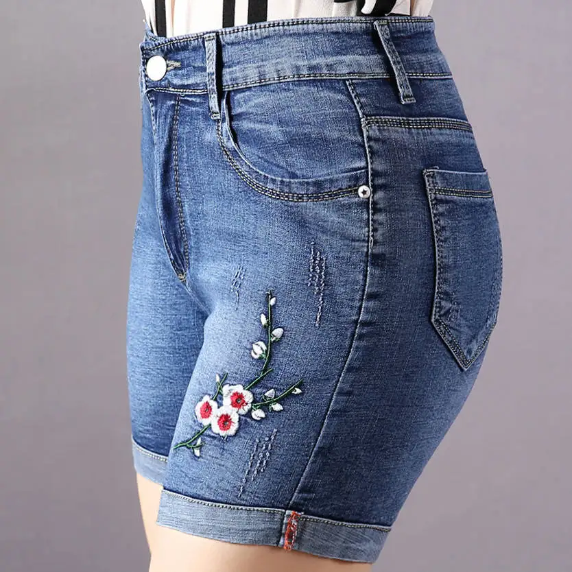 

Summer women fashion straight style high waist hell rolled up denim shorts female trendy embroidery jean casual bottom